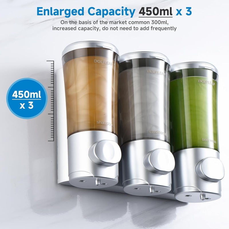 DOLPLEAP Shampoo Conditioner Body Wash Dispenser No Drill Shower Soap Dispenser Wall Mounted Shampoo Dispenser 3 Chamber with Upgrade Pump Head Bathroom Soap Dispenser 450ml/Each Sliver - Image 4